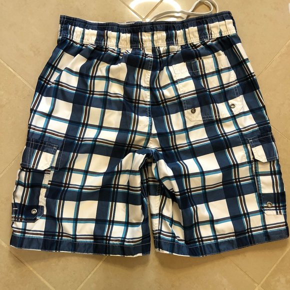 Merona Coastal Blue & White Plaid Swim Trunks Beachy Preppy Vacation - Picture 10 of 11